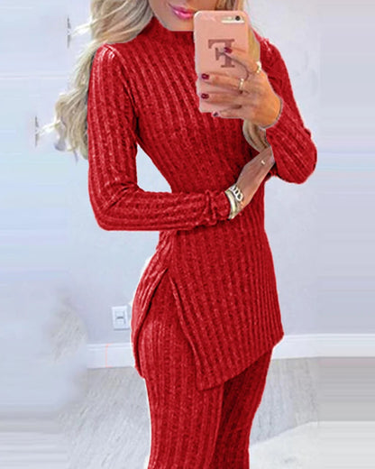 Women's autumn winter knitted 2 piece set long sleeve ribbed slit long top and high waist skinny pants fashion outfit