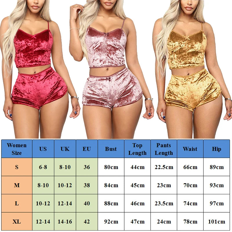 Women's 2 Piece Velvet Sleepwear Sexy Spaghetti Strap Shorts Set Party Nightwear
