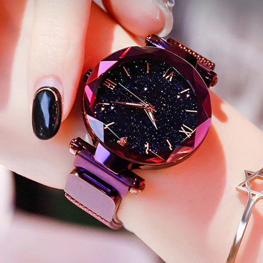 Reloj de lujo para mujer, diseño de cielo estrellado, con correa de malla magnética, reloj de pulsera de moda para mujer
