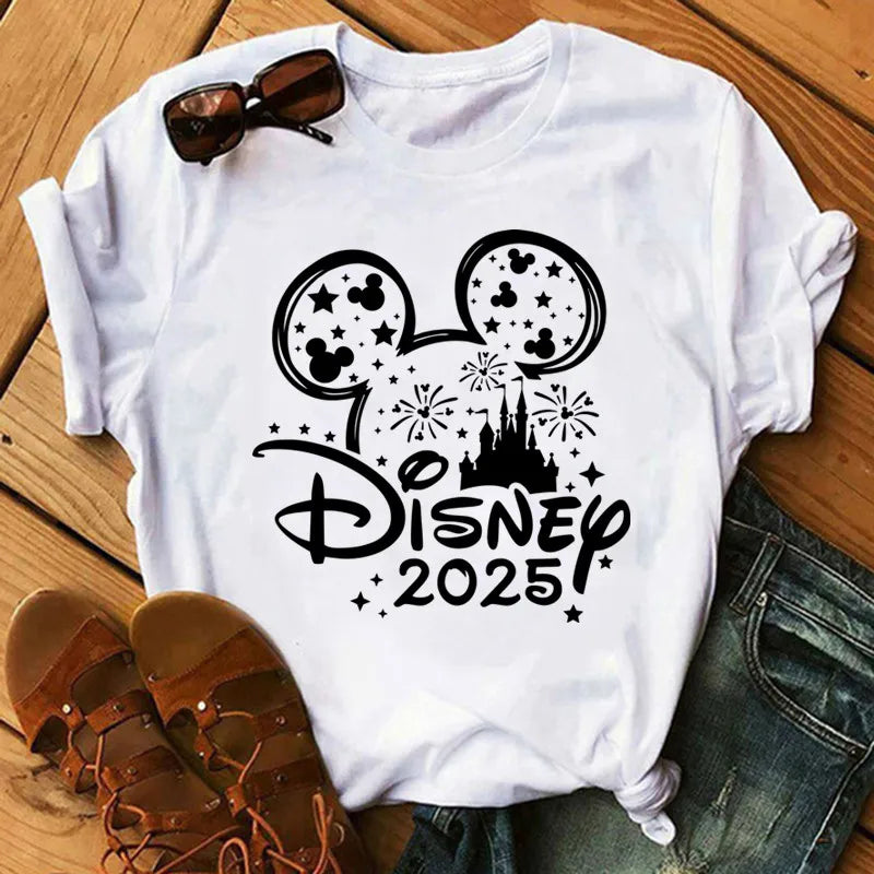 Camiseta de verano nueva de Disney Mickey y Minnie 2025 con estampado boni mujer, camiseta de manga corta, top informal holgadto Y2k para mujer