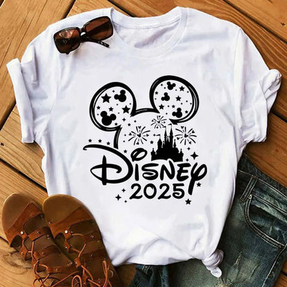 Camiseta de verano nueva de Disney Mickey y Minnie 2025 con estampado boni mujer, camiseta de manga corta, top informal holgadto Y2k para mujer