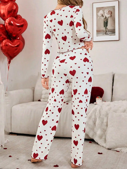 pijamas para mujer ropa de dormir estampado de corazón Tops de manga larga con pantalones largos conjunto de pantalones pijamas