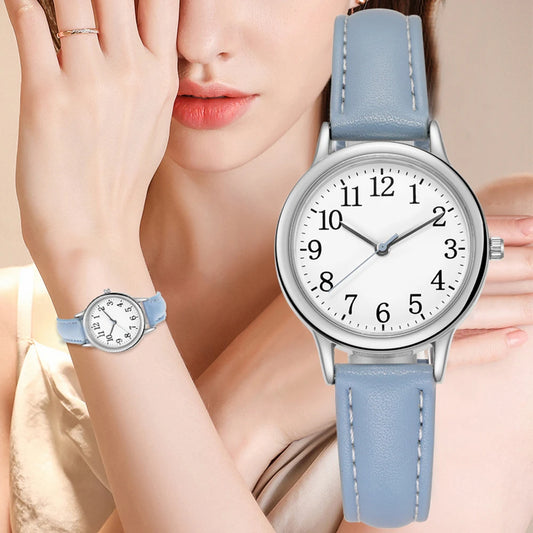 Women's quartz watch with Japanese movement, easy-to-read Arabic numerals, simple dial, PU leather strap, candy color 