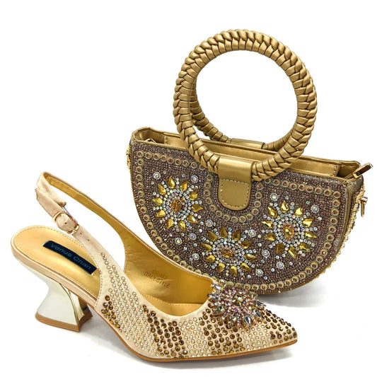 zapatos italianos para mujer y bolso, conjunto de Color fucsia, tacones altos cómodos con diamantes de imitación