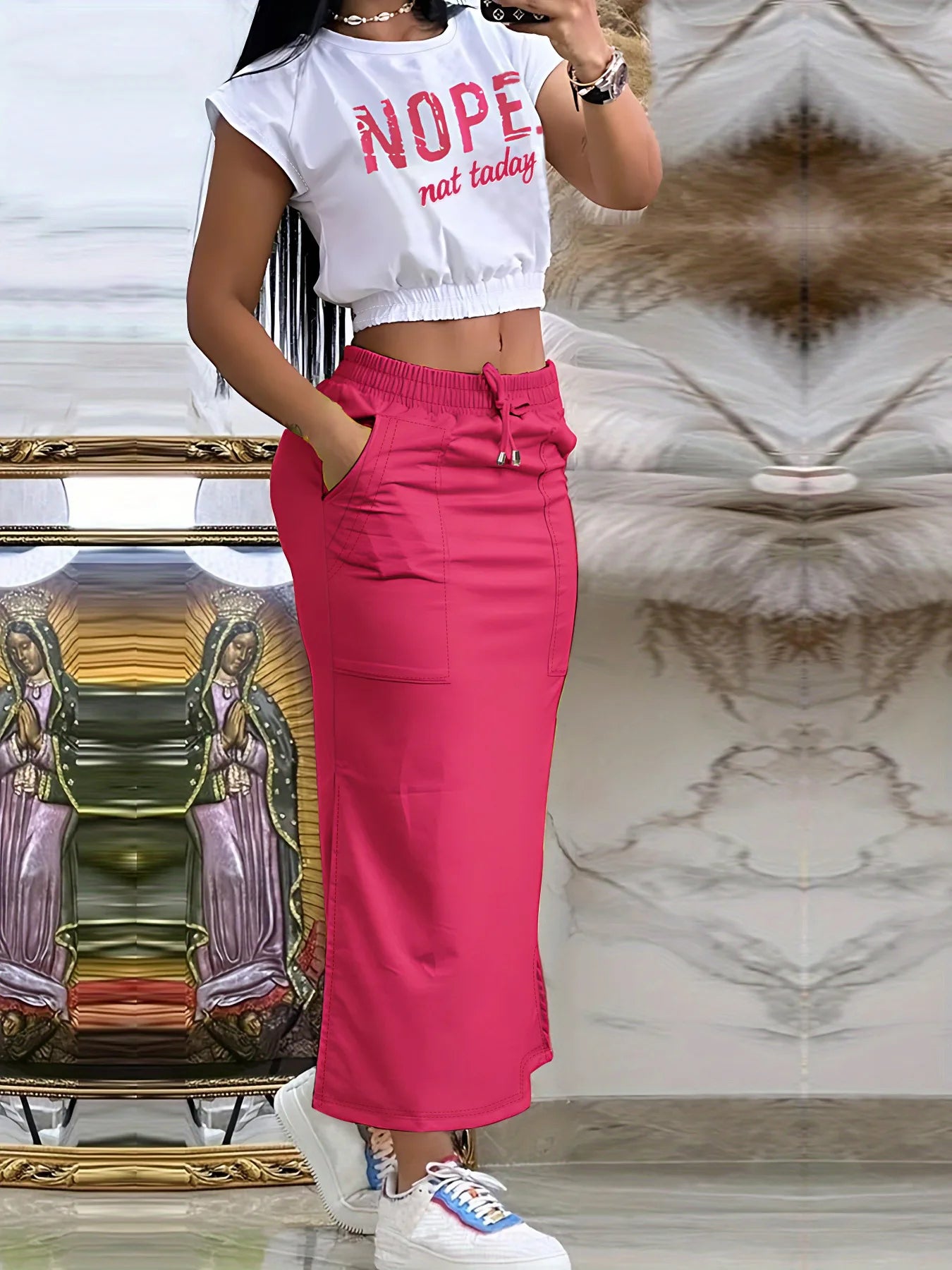 Conjunto de top corto con estampado de letras de verano y falda larga con dobladillo dividido para mujer, vestido de dos piezas con cordón y decoración de bolsillo