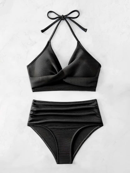 Bikini sexy de cintura alta 2025 para mujer, traje de baño con cuello halter, traje de baño liso para mujer, traje de baño para playa de verano.