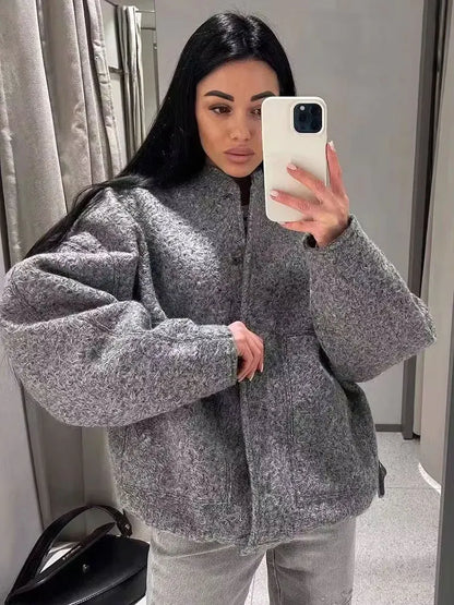 Chaqueta Bomber de gran tamaño con bolsillos para mujer, abrigo Vintage de manga larga con botón a presión, prendas de vestir exteriores para mujer, Tops elegantes