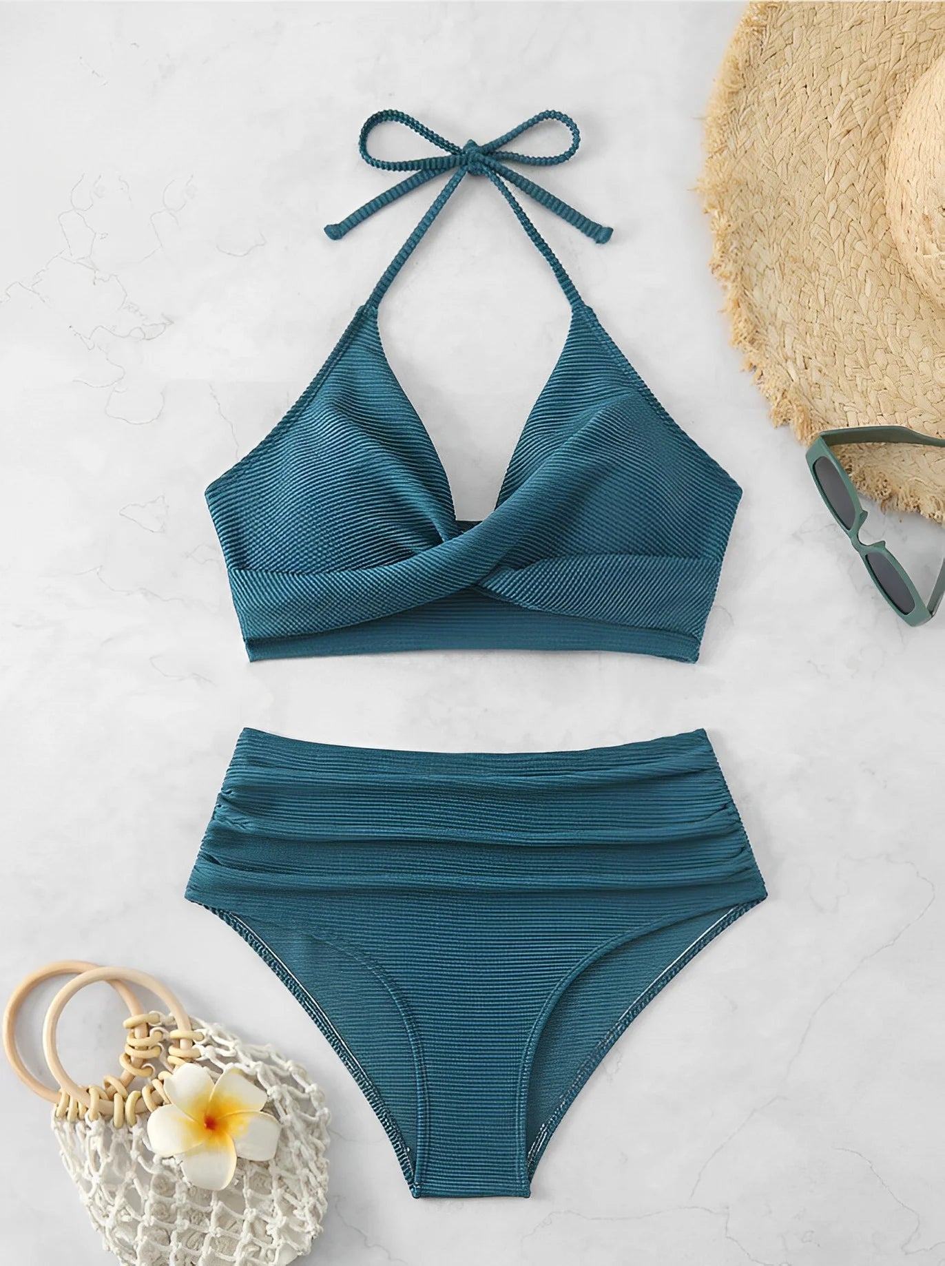 Bikini sexy de cintura alta 2025 para mujer, traje de baño con cuello halter, traje de baño liso para mujer, traje de baño para playa de verano.