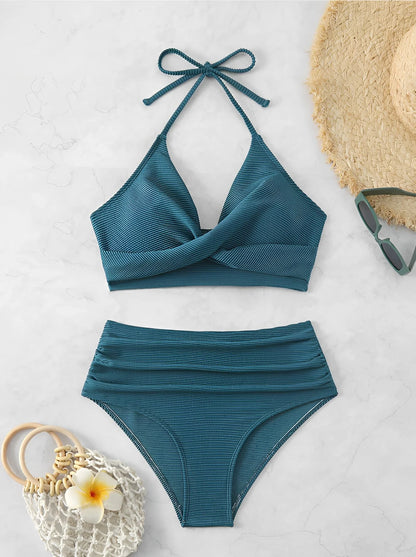 Bikini sexy de cintura alta 2025 para mujer, traje de baño con cuello halter, traje de baño liso para mujer, traje de baño para playa de verano.