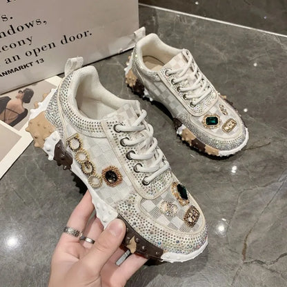 lujosas zapatillas de diamantes de imitación para mujer, zapatos de diseñador vulcanizados de malla, nuevos zapatos casuales de suela gruesa