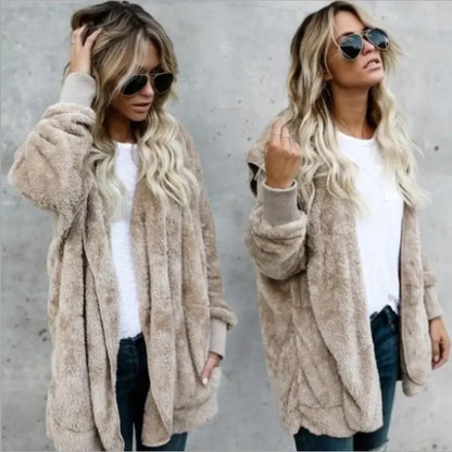 Manteau chaud en peluche pour femme à manches longues, couleur unie, à capuche, surdimensionné, hiver, automne