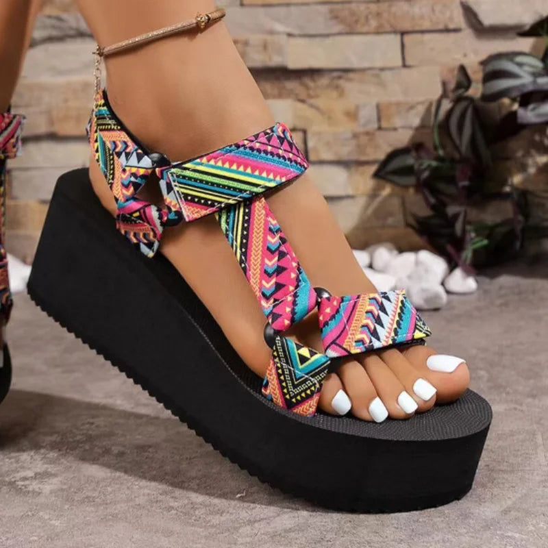 Zapatos de suela gruesa para mujer Sandalias altas de tela cómodas