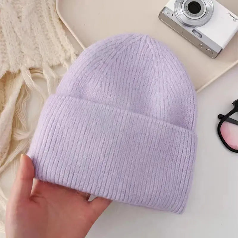 Gorro de punto de Angora para mujer, gorros de punto esponjosos de piel de conejo, gorro de lujo de Corea para mujer