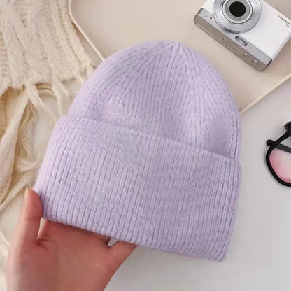 Gorro de punto de Angora para mujer, gorros de punto esponjosos de piel de conejo, gorro de lujo de Corea para mujer