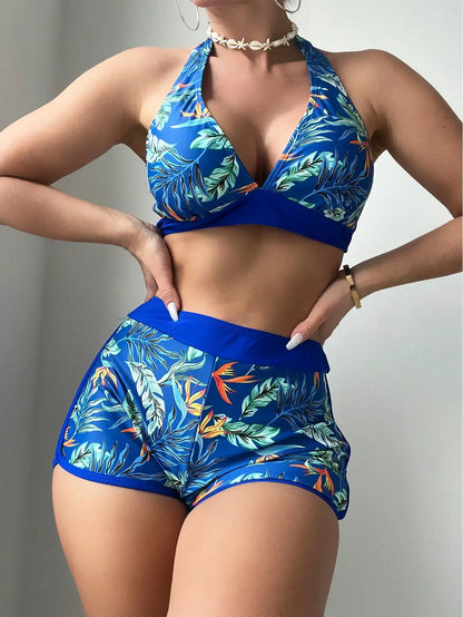 Conjunto de bikini estilo halter 2025, traje de baño corto de cintura alta para mujer, bañador estampado para mujer, traje de baño para playa