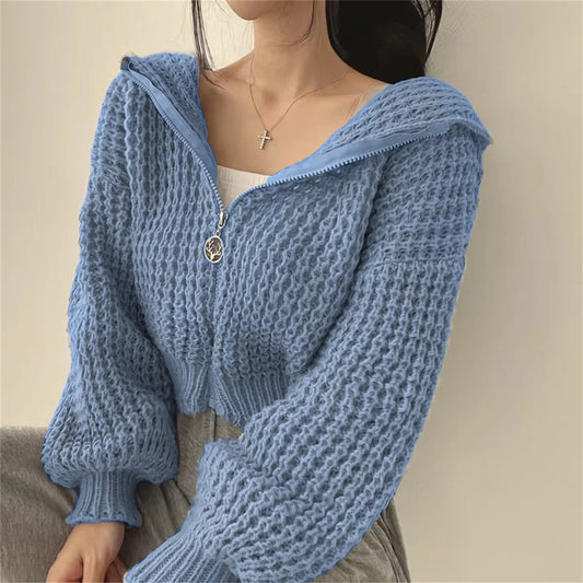Suéter de punto coreano para mujer, abrigo de moda de otoño e invierno, Sudadera con capucha lisa, cárdigan con cremallera, chaqueta informal de estilo perezoso de calle para mujer