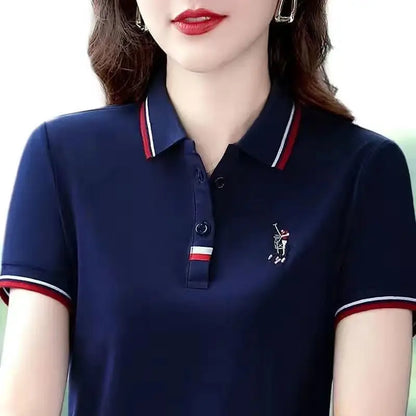 Middle-aged women's short-sleeved T-shirt, loose-fitting polo shirt with contrast embroidery and lapel