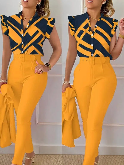 Elegant slim fit two piece set women v neck shirt button fly sleeve solid long pants suits with belt summer fashion