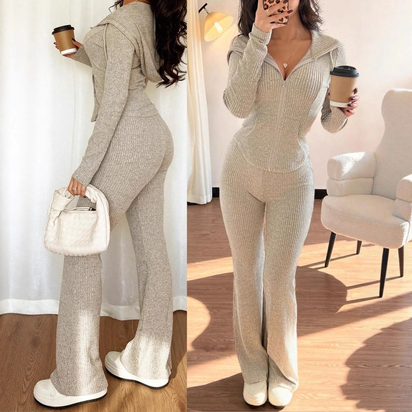 Conjunto cómodo de parte superior con cremallera informal para mujer