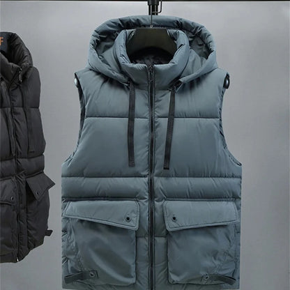 Chaleco con capucha para hombre, chaleco cálido con cuello levantado y cremallera para invierno, chaquetas sin mangas acolchadas de algodón con bolsillos grandes