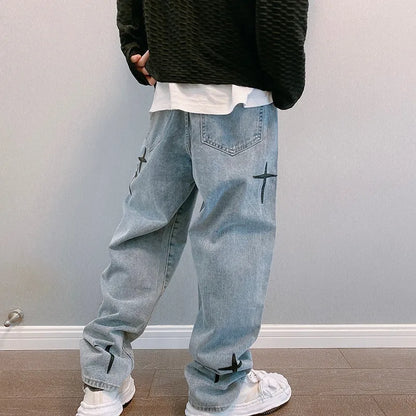 Pantalones Cargo de  holgados informales rectos a la moda Vintage para novio, pantalones vaqueros con estampado de estrellas para hombre, ropa de calle, pantalones vaqueros de pierna ancha holgados
