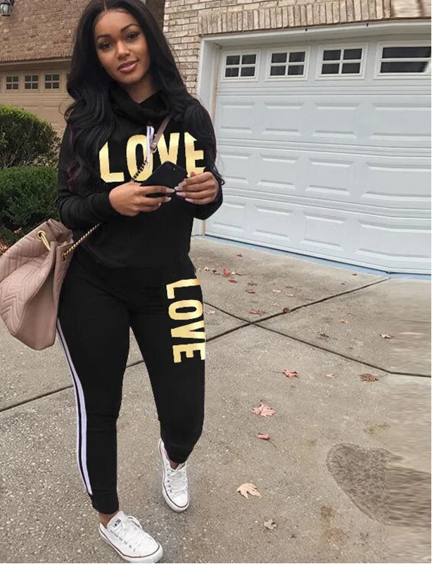 Conjunto de 2 piezas para mujer, sudadera con capucha de cuello alto con estampado de letras de amor, pantalones, chándal, ropa de calle de talla grande