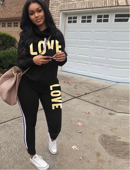 Conjunto de 2 piezas para mujer, sudadera con capucha de cuello alto con estampado de letras de amor, pantalones, chándal, ropa de calle de talla grande