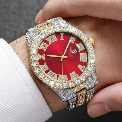 Reloj de pulsera de cuarzo para hombre, de acero inoxidable, con diamantes, calendario y fecha.