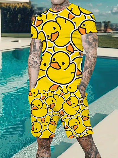 Conjunto de 2 piezas de verano vibrante para hombre, camiseta  elegante e informal para hombre, pantalones cortos de playa para exteriores, estampado , cuello redondo y mangas cortas.