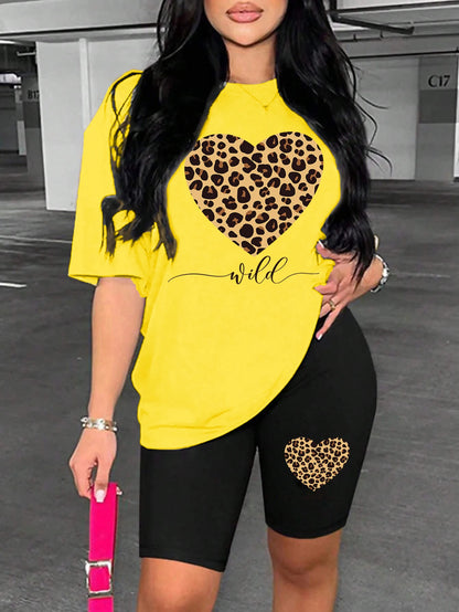 Conjunto de pantalones cortos con estampado de corazón de leopardo para mujer, conjunto de dos piezas de dibujos animados a la moda, transpirable y cómodo, conjunto de pantalones cortos de manga corta