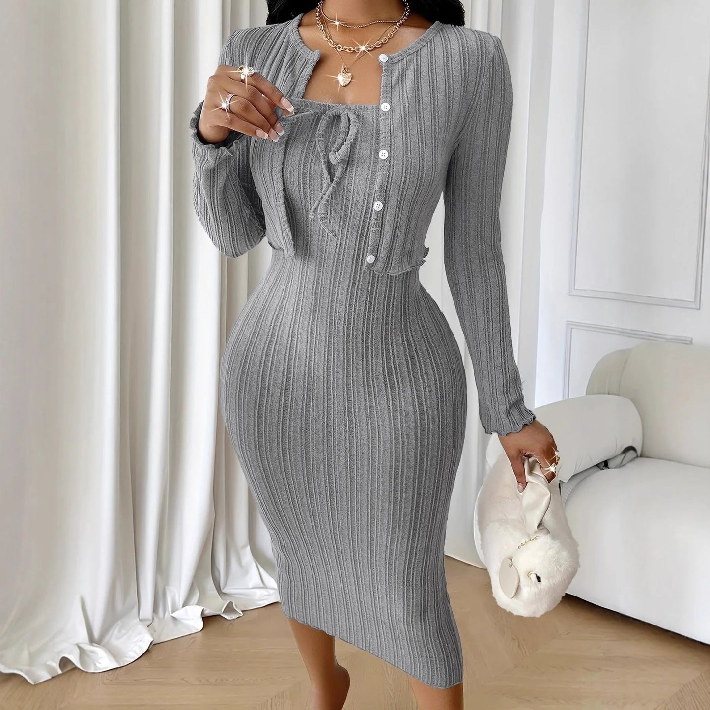Conjunto de vestido de punto de estilo francés ajustado para mujer, traje informal de longitud media