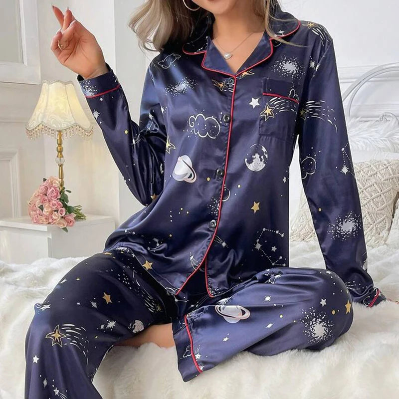 Pijama de satén para mujer, ropa de dormir informal para el hogar, traje de otoño de manga larga con botones, Top y pantalones, ropa