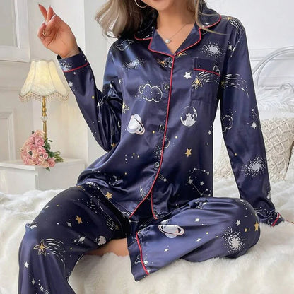 Pijama de satén para mujer, ropa de dormir informal para el hogar, traje de otoño de manga larga con botones, Top y pantalones, ropa