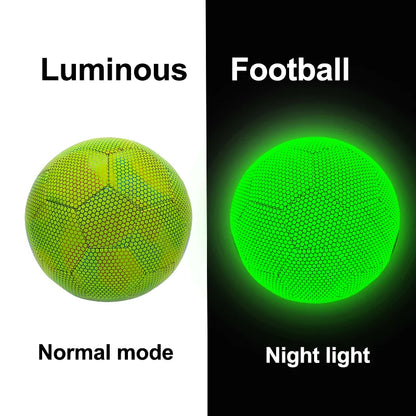 Balón de fútbol luminoso tamaño 5, profesional, de piel sintética, reflectante, con diseño que brilla en la oscuridad, para jugar en interiores y exteriores.