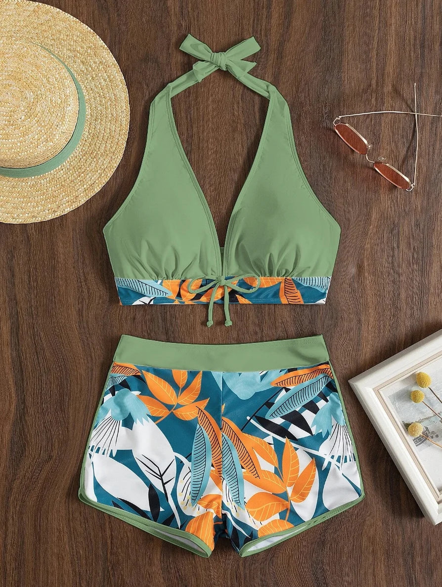 Conjunto de bikini estilo halter 2025, traje de baño corto de cintura alta para mujer, bañador estampado para mujer, traje de baño para playa