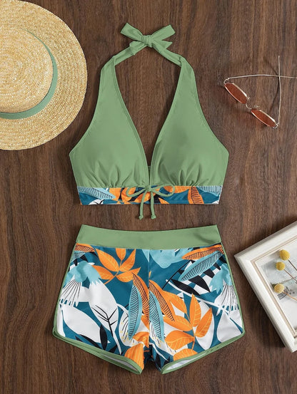 Conjunto de bikini estilo halter 2025, traje de baño corto de cintura alta para mujer, bañador estampado para mujer, traje de baño para playa
