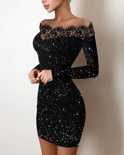vestido sexy, vestido de manga larga borde de encaje, vestido salpicado de polvo plateado