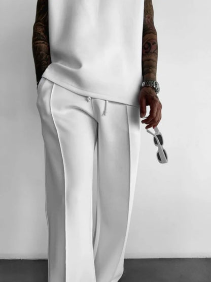 Pantalones casuales nuevos para hombre, elegantes y cómodos, con cintura elástica y cordón ajustable, de una sola línea, plisados, de color sólido, con bolsillos, pantalones de fregona