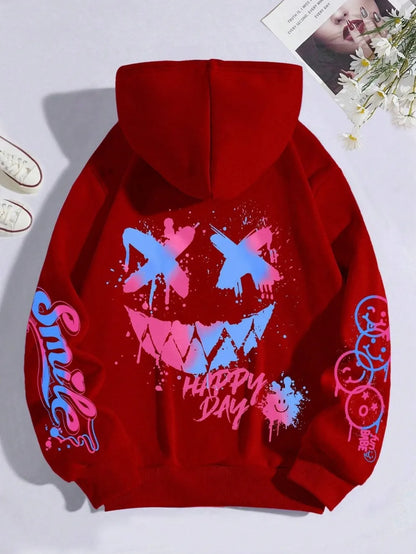sudadera unisex con capucha transpirable y cómoda con estampado de cara sonriente personalizada de otoño para hombre, sudadera con capucha de moda urbana para exteriores