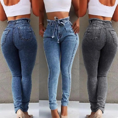 Pantalones vaqueros ajustados de cintura alta con cinturón a la moda para mujer, pantalones vaqueros largos ajustados con borlas y cintura elástica