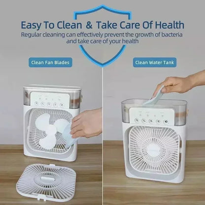 Ventilador eléctrico con nebulizador de agua, humidificador de aire, luz nocturna LED, adecuado para familias, aire acondicionado portátil, triple enfriador, refrigeración para el hogar.