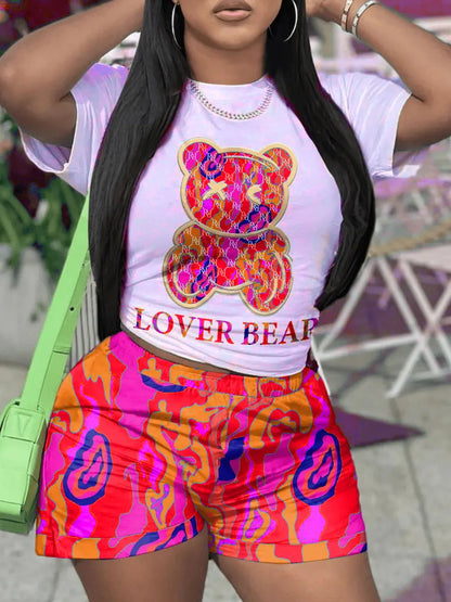 Conjunto informal de camiseta y pantalones cortos de manga corta para mujer, blusa y pantalones con estampado de dibujos animados y cuello redondo, conjunto de dos piezas para oficina