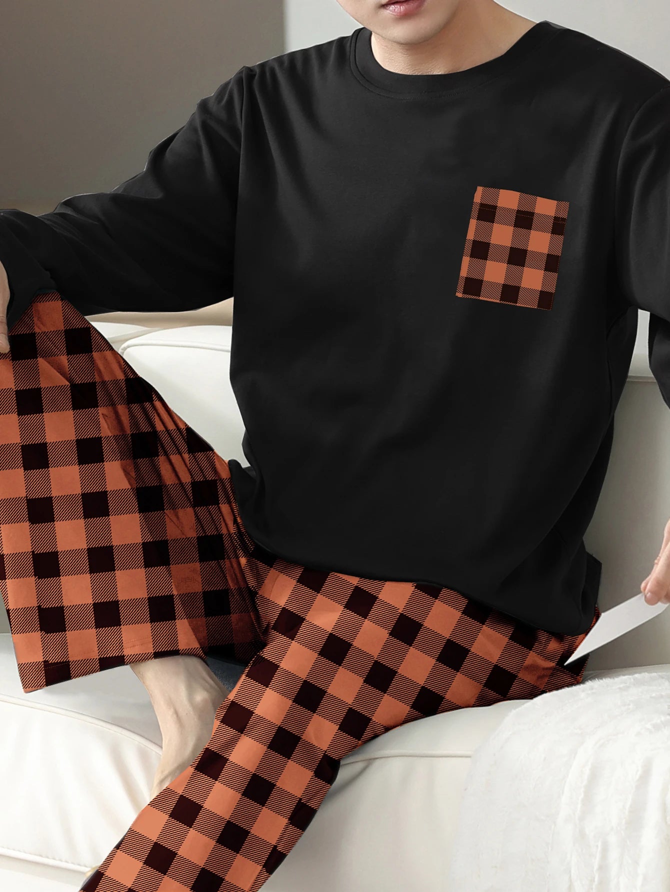 Conjunto de pijama de dos piezas para hombre ropa de dormir a cuadros pantalones de manga larga Otoño e Invierno