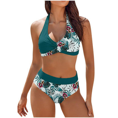 Bikini de playa con estampado floral y bloques de color para mujer, traje de baño de cintura alta de dos piezas para adolescentes