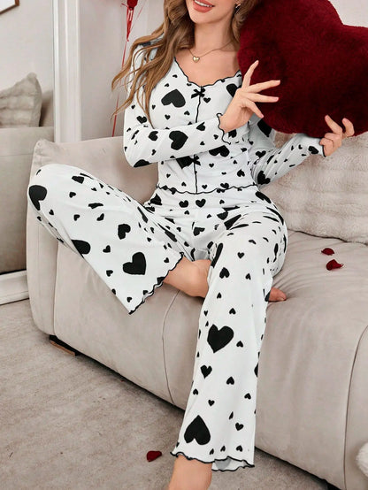 pijamas para mujer ropa de dormir estampado de corazón Tops de manga larga con pantalones largos conjunto de pantalones pijamas