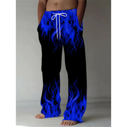 Pantalones de moda de verano para hombre, pantalones de pierna recta con estampado de llamas Retro informales, pantalones holgados con cordón como regalo