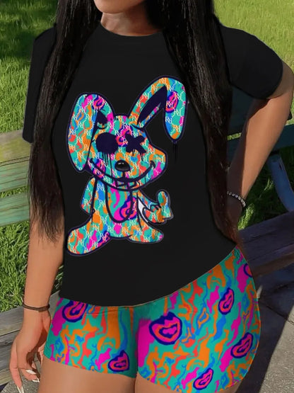 Conjunto informal de camiseta y pantalones cortos de manga corta para mujer, blusa y pantalones con estampado de dibujos animados y cuello redondo, conjunto de dos piezas para oficina