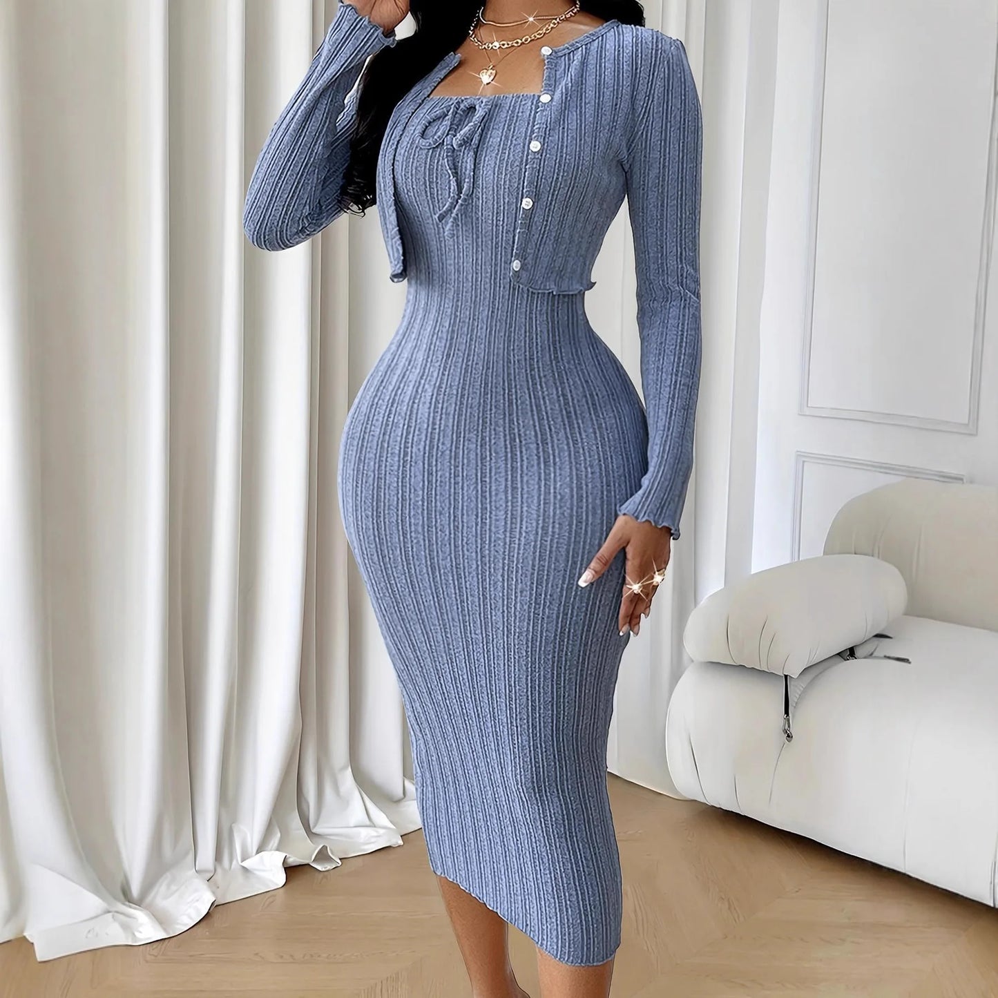 Conjunto de vestido de punto de estilo francés ajustado para mujer, traje informal de longitud media