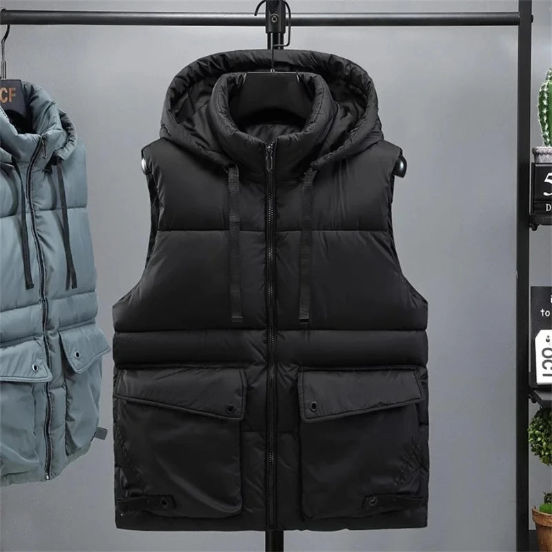 Chaleco con capucha para hombre, chaleco cálido con cuello levantado y cremallera para invierno, chaquetas sin mangas acolchadas de algodón con bolsillos grandes