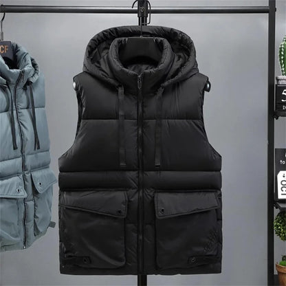 Chaleco con capucha para hombre, chaleco cálido con cuello levantado y cremallera para invierno, chaquetas sin mangas acolchadas de algodón con bolsillos grandes